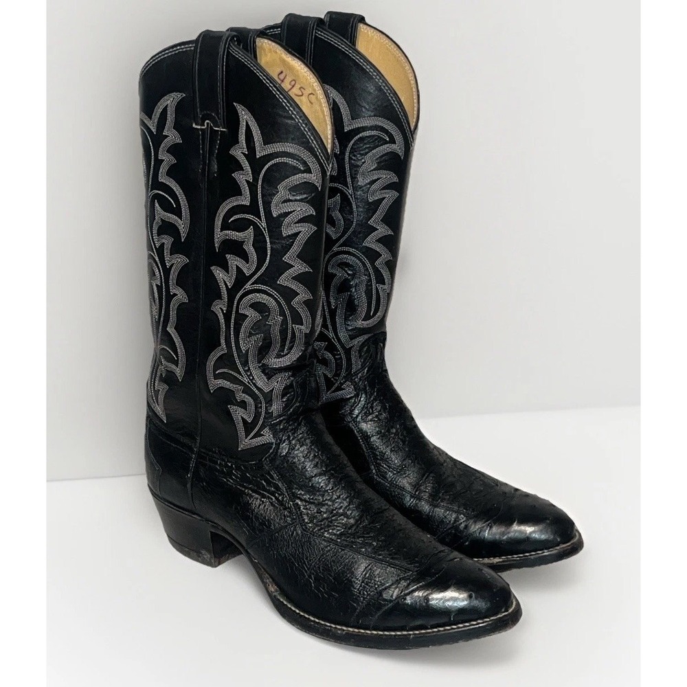 Justin Bent Rail Full Quill Ostrich Snip Toe Cowboy Boots Black Mens 8.5D USA